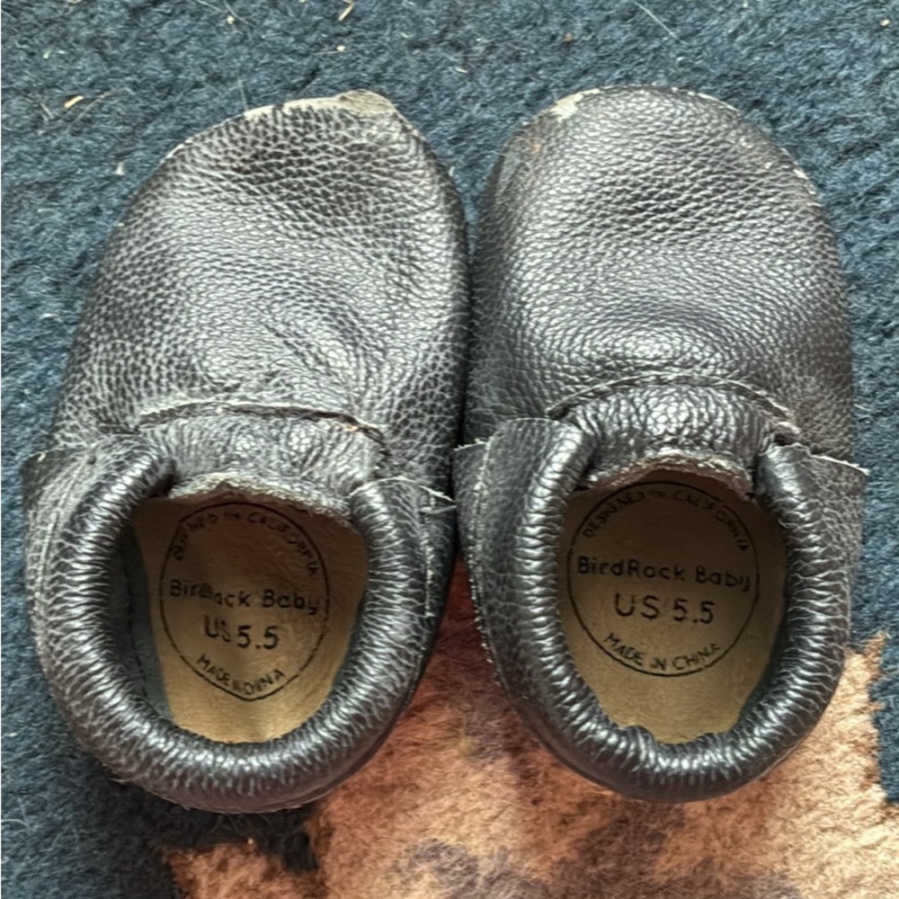 BirdRock Baby Mocs, play condition, black leather, size US 5.5.